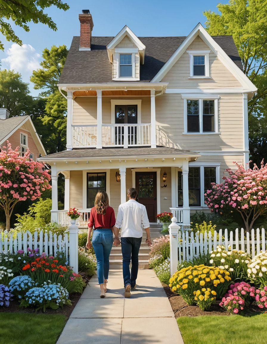 A joyful couple walking hand in hand towards a beautiful, newly bought home, with a 'SOLD' sign in the front yard, surrounded by blooming flowers. The house appears welcoming and cozy, featuring a charming porch and large windows. The background showcases a serene neighborhood with trees and clear skies. Modern, vibrant colors. super-realistic.