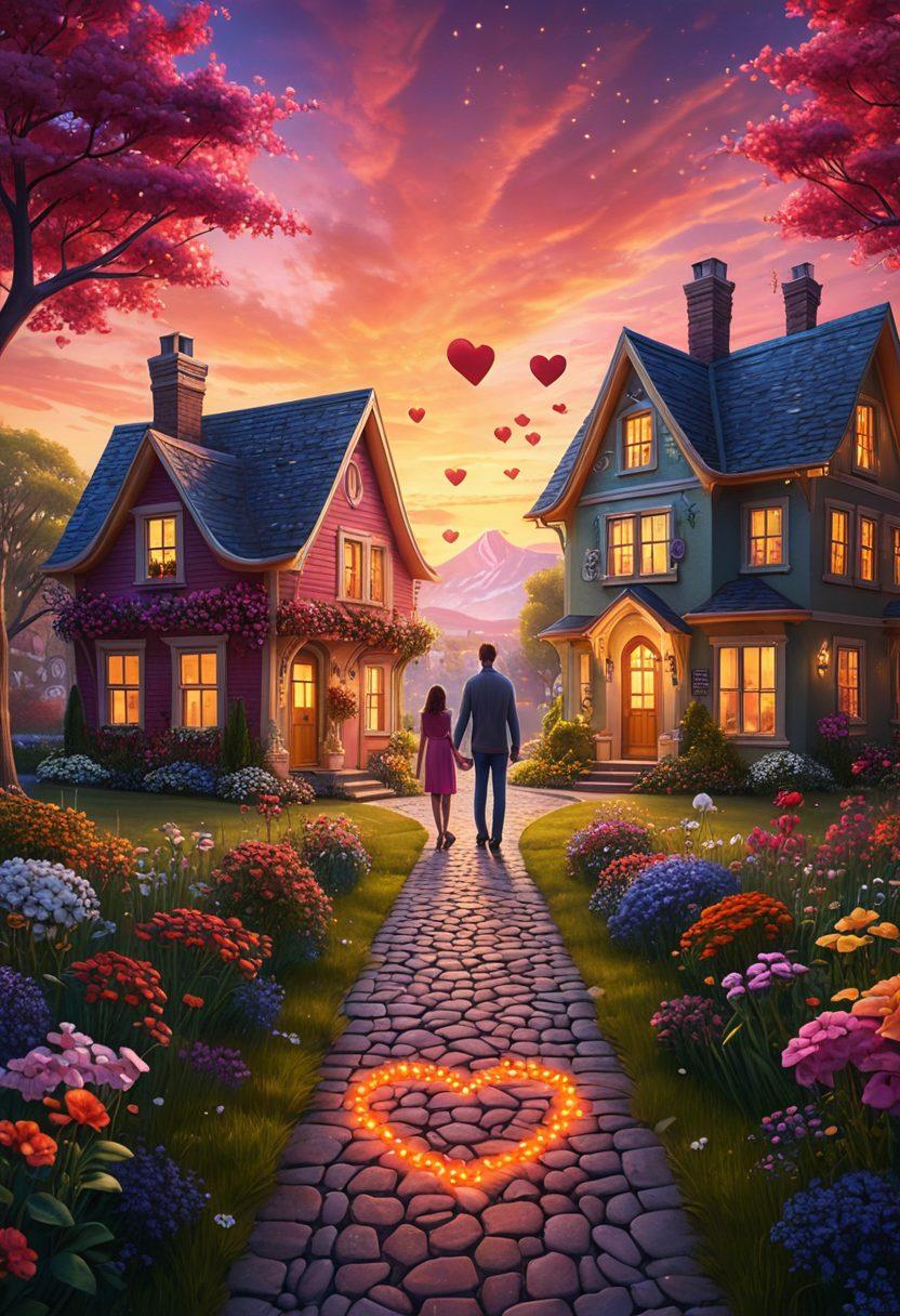 A scenic cityscape with a couple holding hands, looking at beautiful, diverse homes, surrounded by signs of love like hearts and flowers. A path leading from the couple to a dream house in the distance, glowing warmly. vibrant colors. 3D.