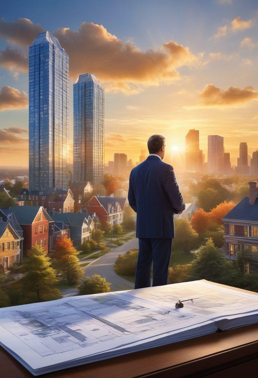 A determined individual holding blueprints in one hand and keys in the other, standing confidently in front of a diverse array of property types, from cozy cottages to modern skyscrapers. The backdrop features a dynamic cityscape blending into serene suburban and rustic rural landscapes, symbolizing the diverse investment opportunities. The sky is filled with a radiant sunrise, signifying new beginnings and aspirations. super-realistic. vibrant colors.